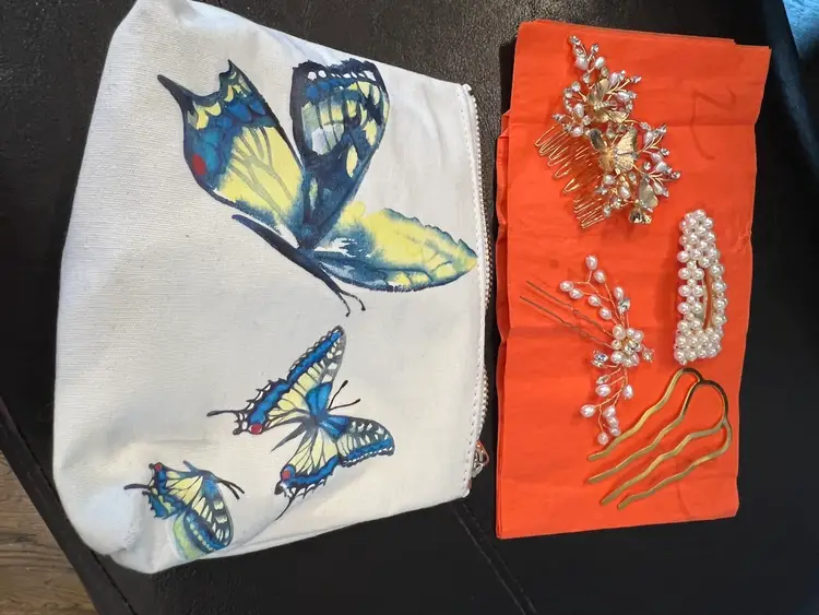 Jane Iredale Cosmetic Makeup Butterfly Bag With Butterfly And Other Hair Clips