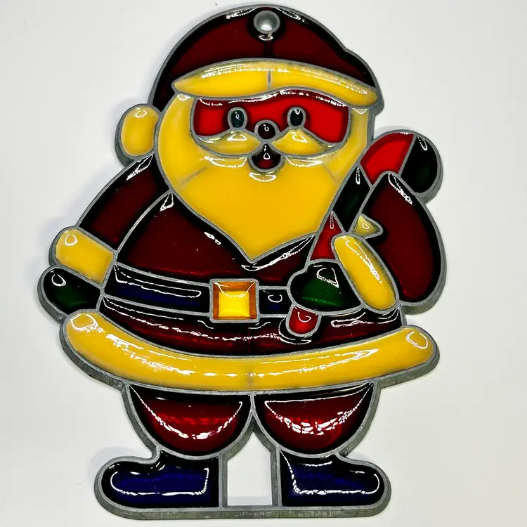 Vintage Stained Glass Santa Claus Window Ornament Sun Catcher 6”x4”