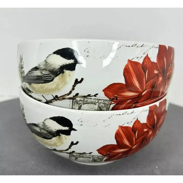 222 Fifth Winter Cheer Christmas Bird Cereal/Soup Bowls Lot/2