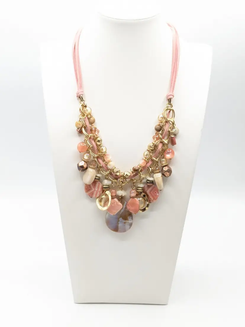 Ruby Rd Pink Stones Beads Statement Necklace Gold Tone