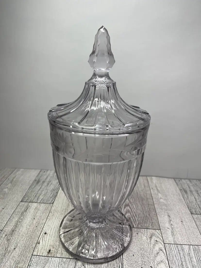 Antique/Vintage Heisey Etched Lavender Colored Glass,Lidded Candy Dish with Recessed Panels