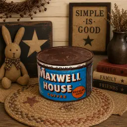 Vintage Maxwell House Coffee Tin | Blue Metal Coffee Canister | Farmhouse Kitchen Decor | Rustic Advertising Tin | Primitive Pantry Storage