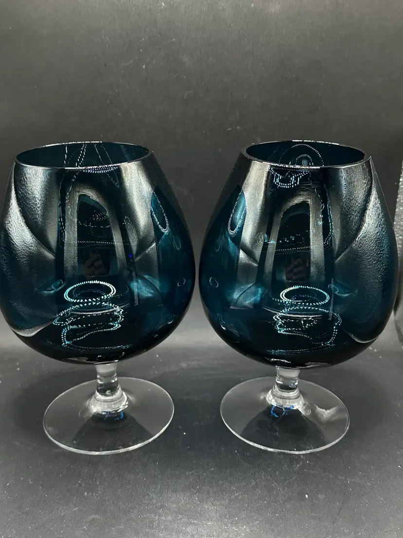 (2) MCM  Empoli Style Teal Blue Glass Large  Brandy Snifter. Beautiful Color.