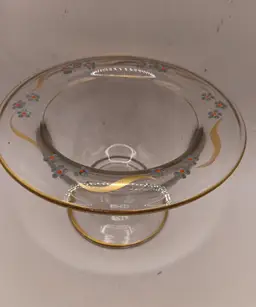 Vintage Westmoreland Clear Glass Compote Handpainted Enamel Flowers Gold Trim