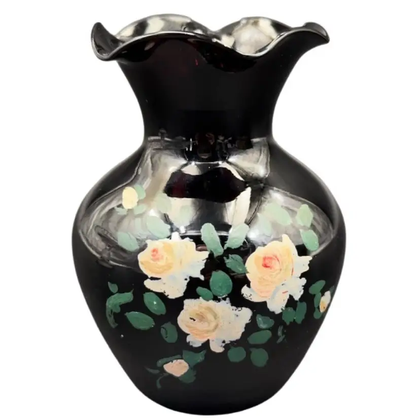 Vintage Amethyst Vase Hand Painted Enamel roses