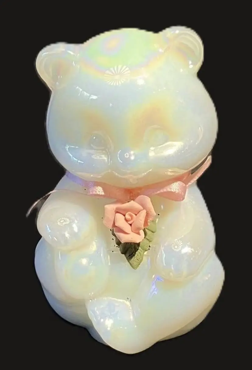 Fenton White Iridescent Bear with pink flowers