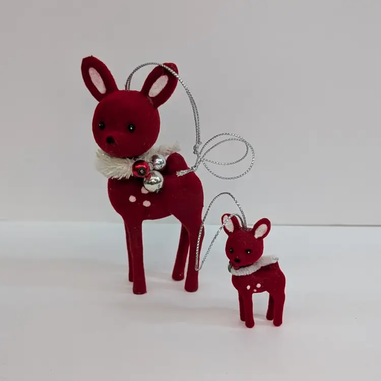 Vintage Red Flocked Standing Spotted Deer Christmas Ornaments 2" & 4.25" Tall