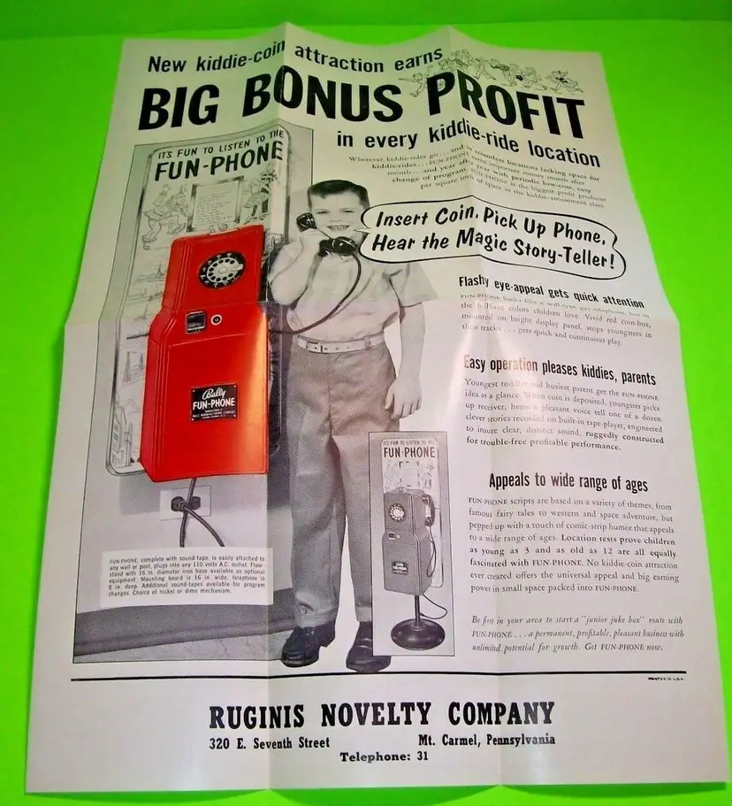 Fun Phone Arcade FLYER 1960 NOS Kiddie Telephone Story Telling Vintage