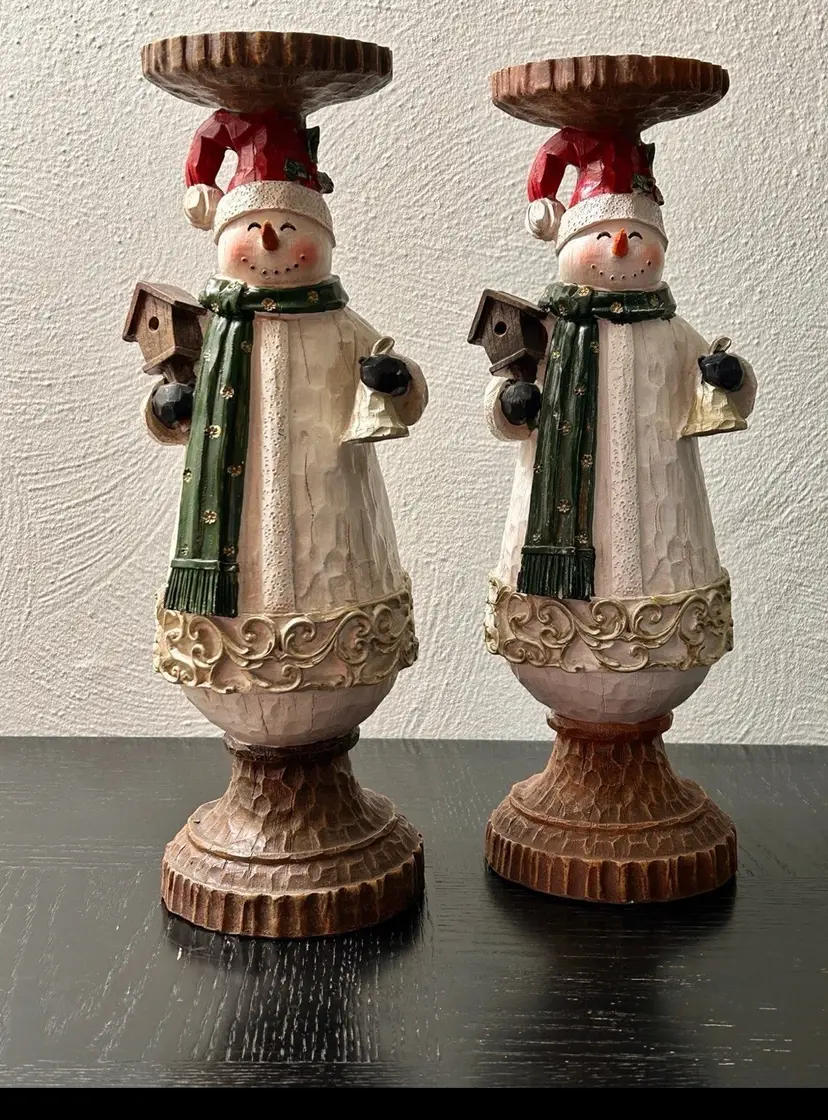 Christmas Snowman Pedestal Pillar Candle Holders Set 2 Valerie Parr Hill 13.5”