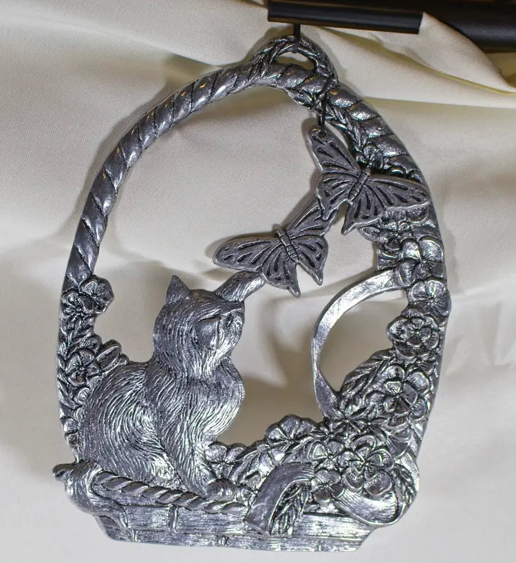 Pewter Playful Cat and Butterfly Wind Chime 8.75" Tall