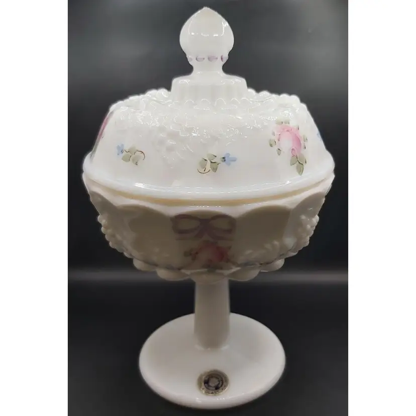 Westmoreland Handpainted Milkglass Candy Dish