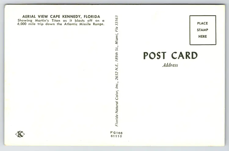 Postcard Aerial View Cape Kennedy Florida Martin's Titan Rocket Blasts Off NASA