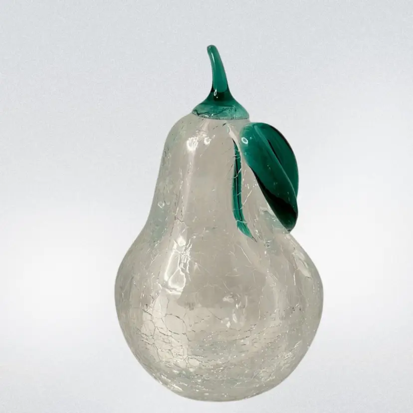 Pear Crackle Glass Paperweight Clear Glass with Green Applied Leaf and Stem Large 6” Tall