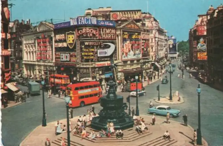 Picadilly Circus London England Vintage Postcard 1960s Posted Bus Cars People