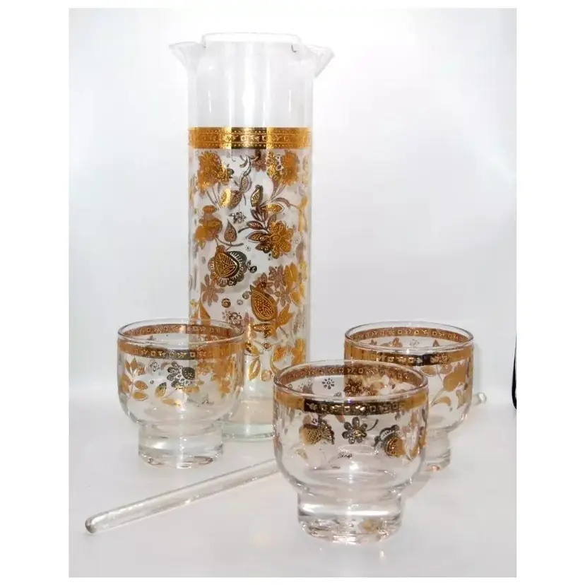 Vintage Culver Chantilly MCM 22 KT Gold inlay 5pc Barware Martini Set