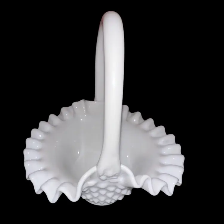 Fenton White Hobnail Milk Glass Basket Ruffled Edge 7.75” X 6.75” Vintage