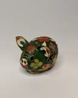 Vtg Chinese Green Cloisonne Feng Shui Pig Flower Lucky Pig 2 " Enamel