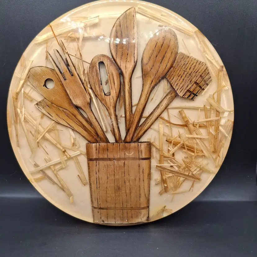 Vintage Wood & Lucite Wall Art Plate With Kitchen Utensils Wheat Design