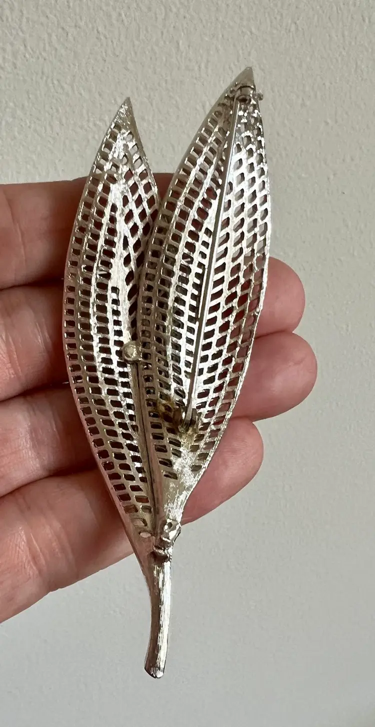 Vintage COROCRAFT Art Deco Silver Tone Dual Stacked Leaf Brooch 4" #B-9