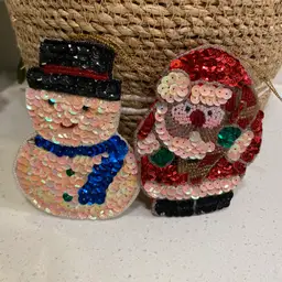 Lot of 2 Vintage Santa & Frosty Snowman Sequin Bead Satin Christmas Ornaments
