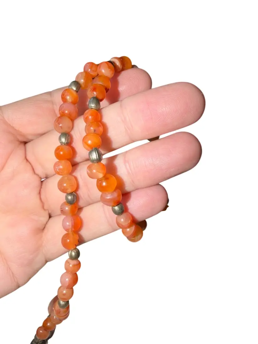 15”Carnelian Bead Necklace Silver Tone