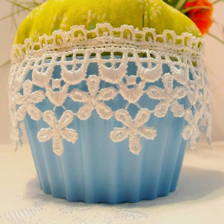 Handmade Yellow Floral Fabric Blue Cupcake Shape Pincushion White Flower Lace Accents