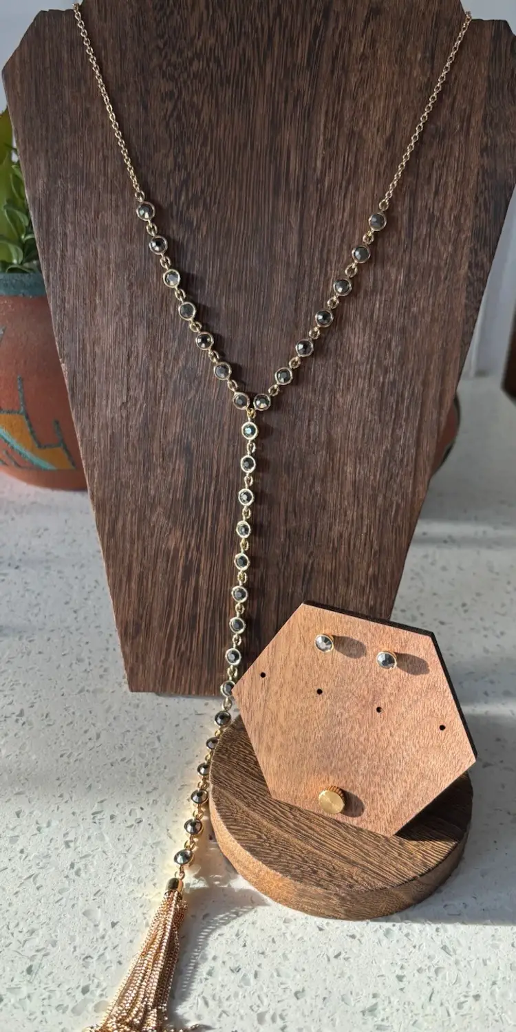 SHB (Associated With Avon) Necklace And Earrings Set - Gold Toned With Grey Rhinestones