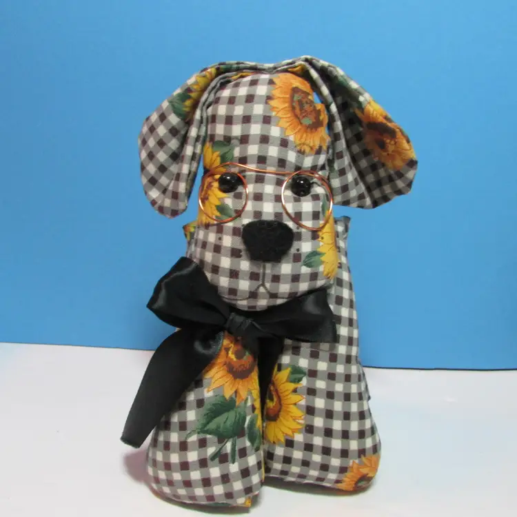 vintage Kramer Chinco 7" sitting plaid sunflower fabric stuffed animal dog with glasses