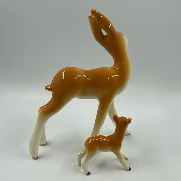 Vintage California Pottery Robert Simmons Figurine Deer Me 9” T And Little Baby 3.25”T. Excellent Condition Has A Black Mark On Belly As Shown In Photo.