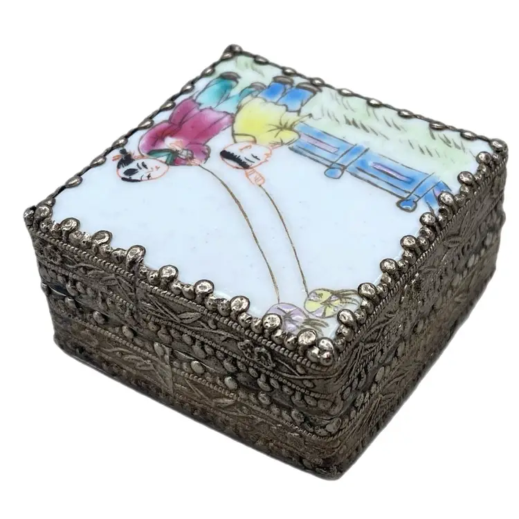 Vintage Trinket Box Hand Painted Porcelain Shard Asian Flare and Metal Silver Wash