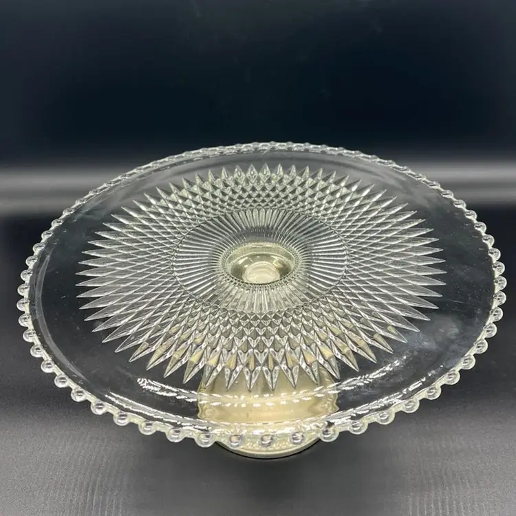 Vintage Jeanette Glass Cake Plate On Silver Stand Pedestal