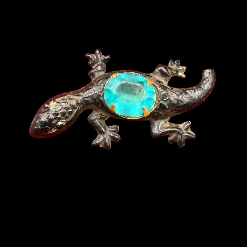Antique Lizard Brooch- Large Rhinestone With C Clasp