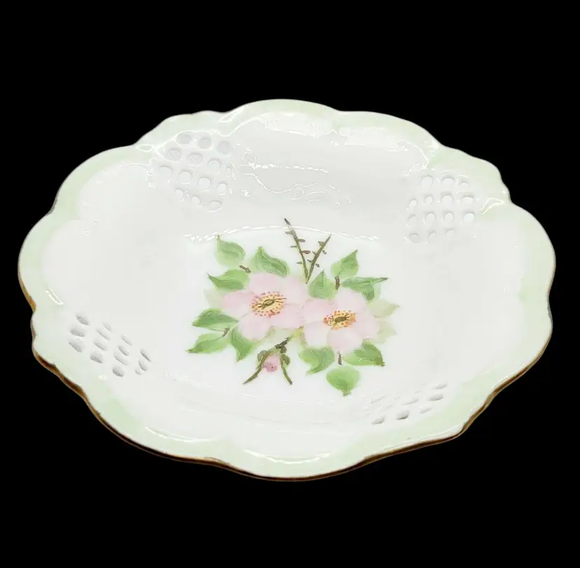 Vintage Floral Trinket Dish Hand Painted Pink Flowers Floral Signed K. Merritt 1959