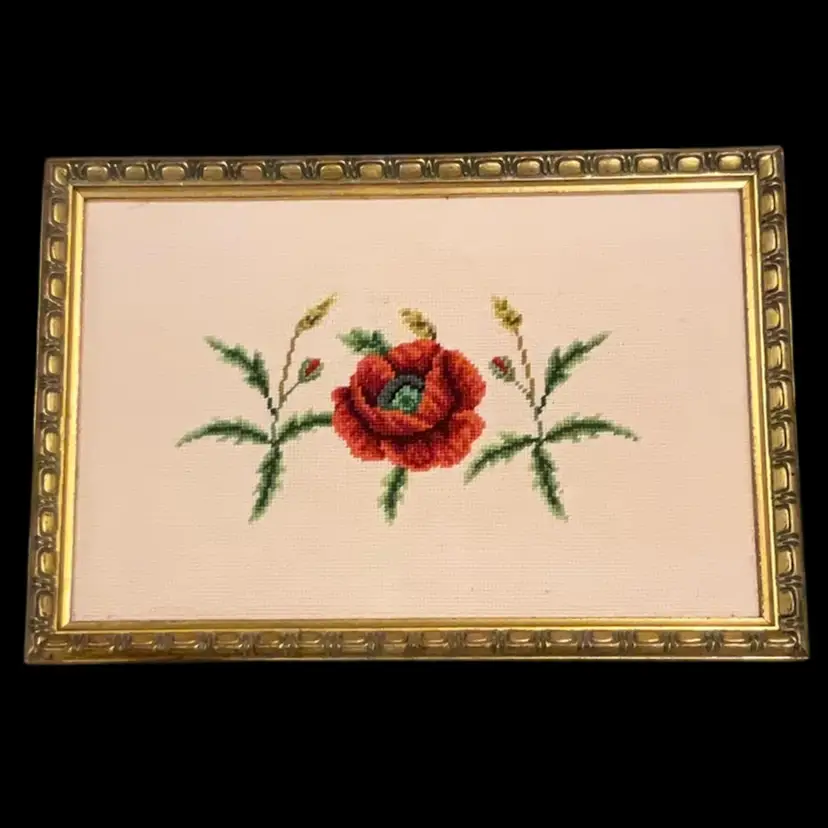 Z.Gold Frame Red Rose needlepoint 20x14