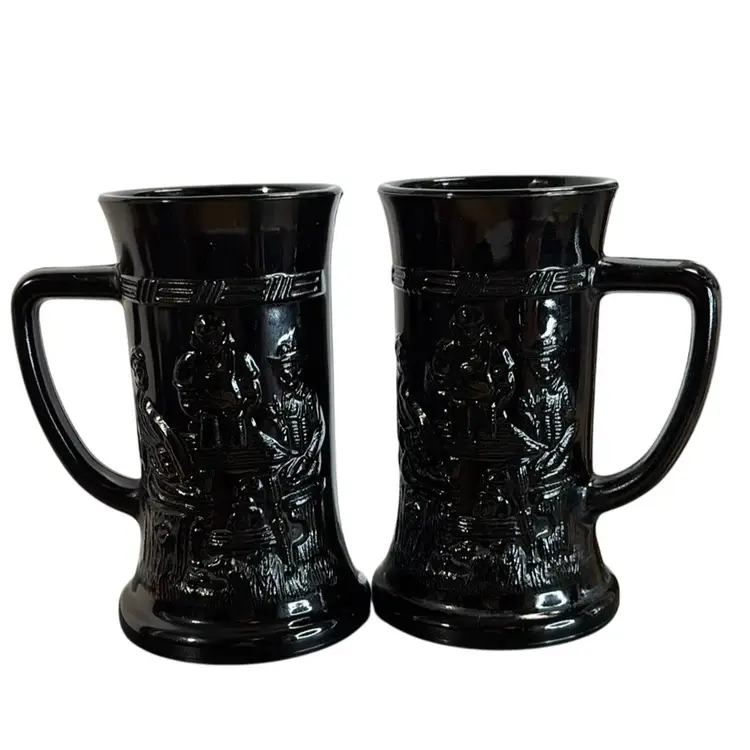 Set of Two Indiana Black Glass Tiara Tavern German 6" Beer Stein Mugs