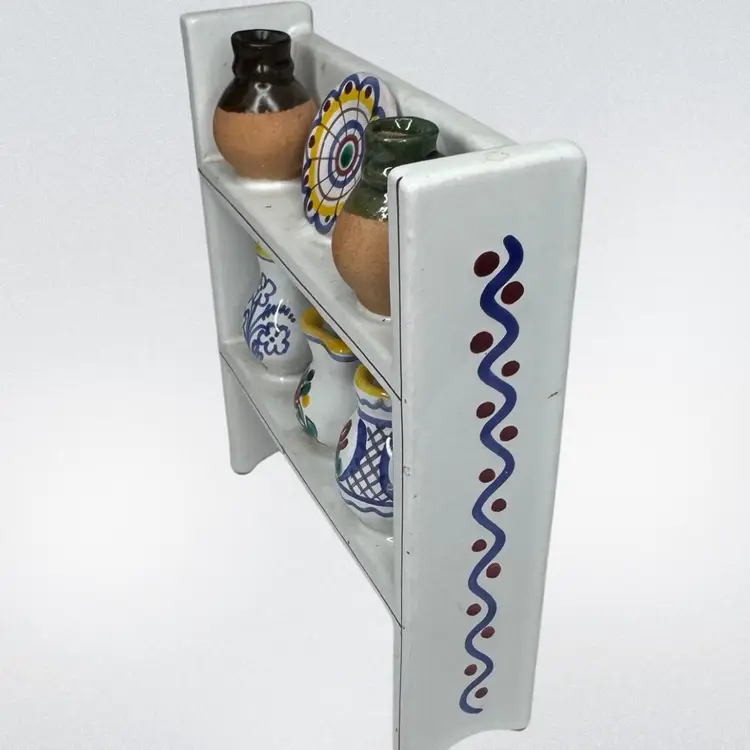 Miniature Folk Art Pottery Shadow Box Pottery Jugs and Pitchers - Signed