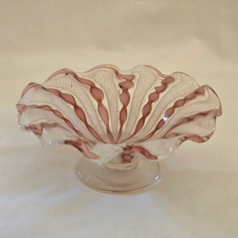 Art Glass Dish Bowl Latticino Pink Ribbon Small 4¼"× 1⅞" on short clear foot Vintage