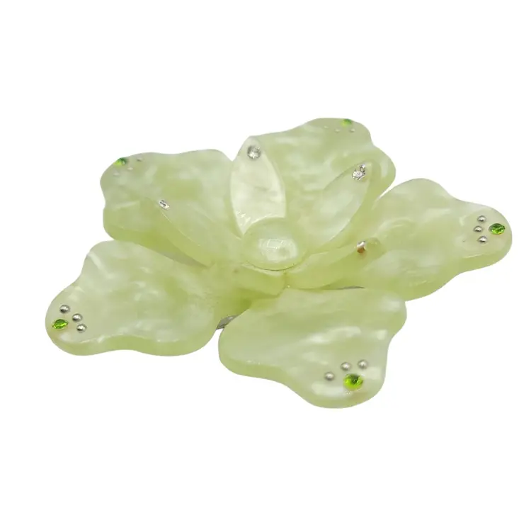 Lucite Pearly Light Green, Rhinestone Cluster Flower Brooch