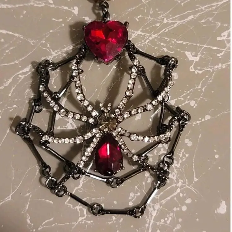 Betsey Johnson Gunmetal Tone Long Necklace Spider Web Red Gem Crystal Bead 32”