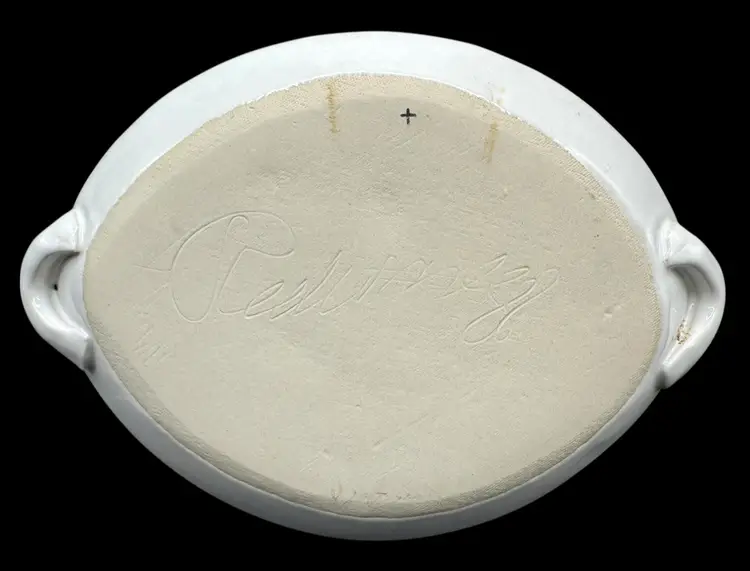 Signed Studio Art Pottery Platter Plate Tray Oval Koi Fish Blue White 12 x 9”