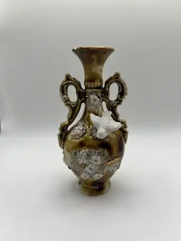 Vintage Mini Vase Brown White Flowers & Bird Gold Accent