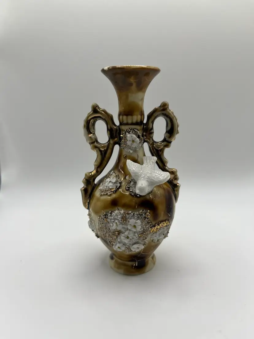 Vintage Mini Vase Brown White Flowers & Bird Gold Accent