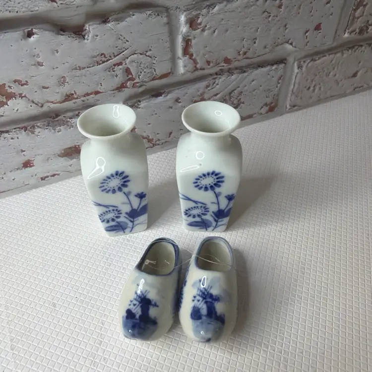 Vintage Mini Delft Blue Flower Mini Vase China And Mini Shoes With land Or Windmill