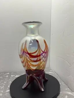 Vintage Handblown Pulled Feather Iridescent Art Glass Pulled Father 3 Footed Vase Signed Joe Deanda
