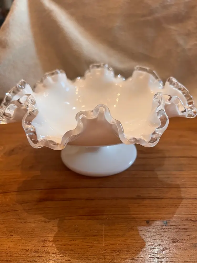 Fenton Silver Crest Footed Milk Glass Crimped Ruffled Dish 8.5x3.75” Bowl 