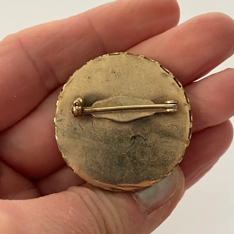 Antique transfer ware ceramic Santa Claus pin / brooch with brass surround - estate piece