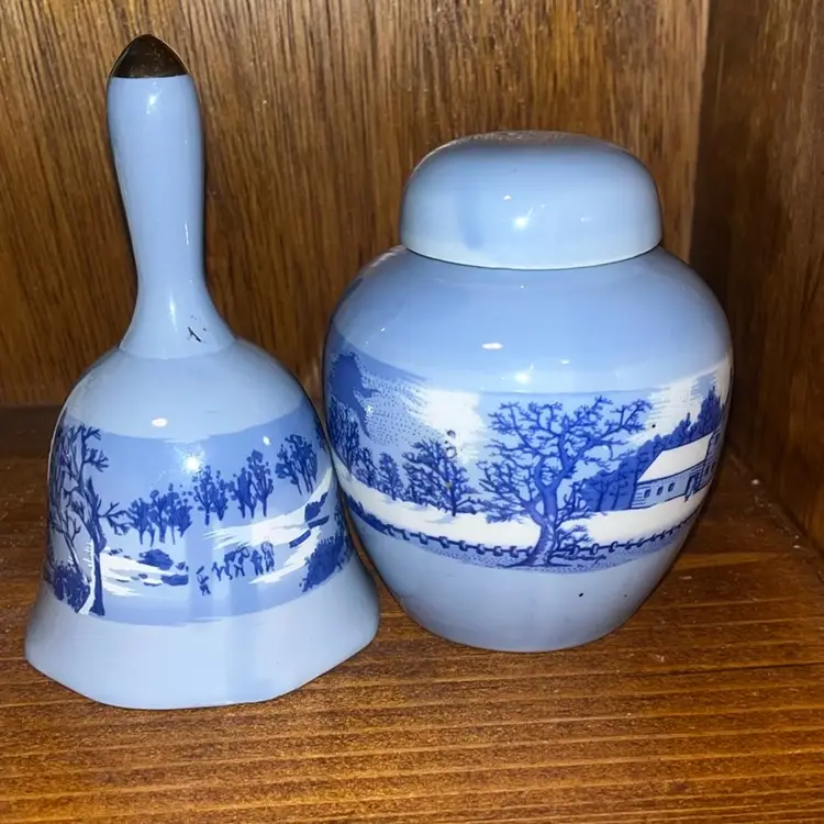 Vintage Currier & Ives The Old Homestead In The Winter Blue Ceramic Bell 5-1/2” And 5” Ginger Jar With Lid