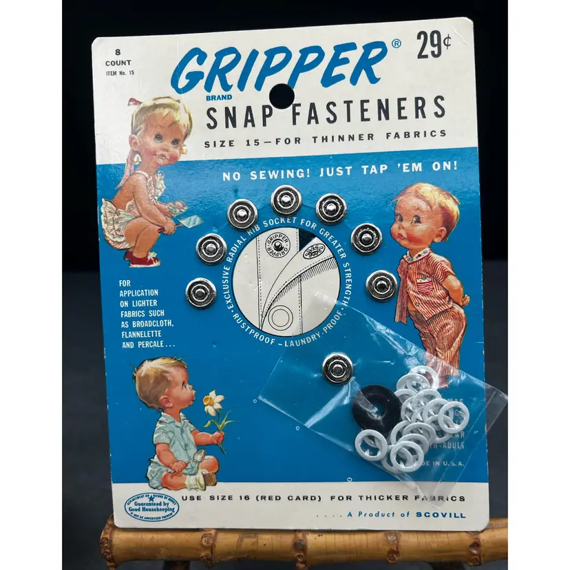 #201A Vintage Gripper Brand Snap Fasteners Size 15 1950 Made in USA NOS On Original Card Intact