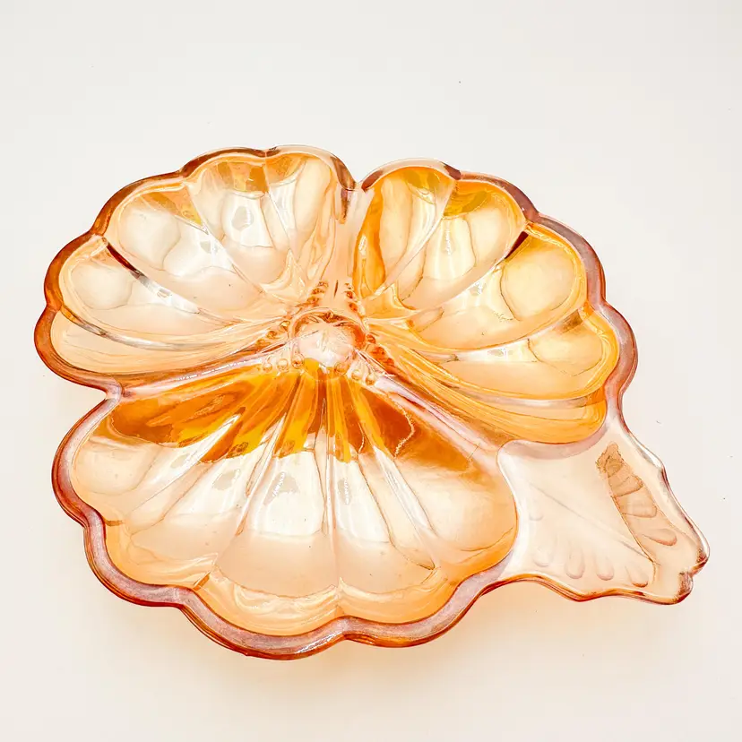 Jeannette Glass Marigold Lusterware Clover Divided Dish 7"L 6"W B25