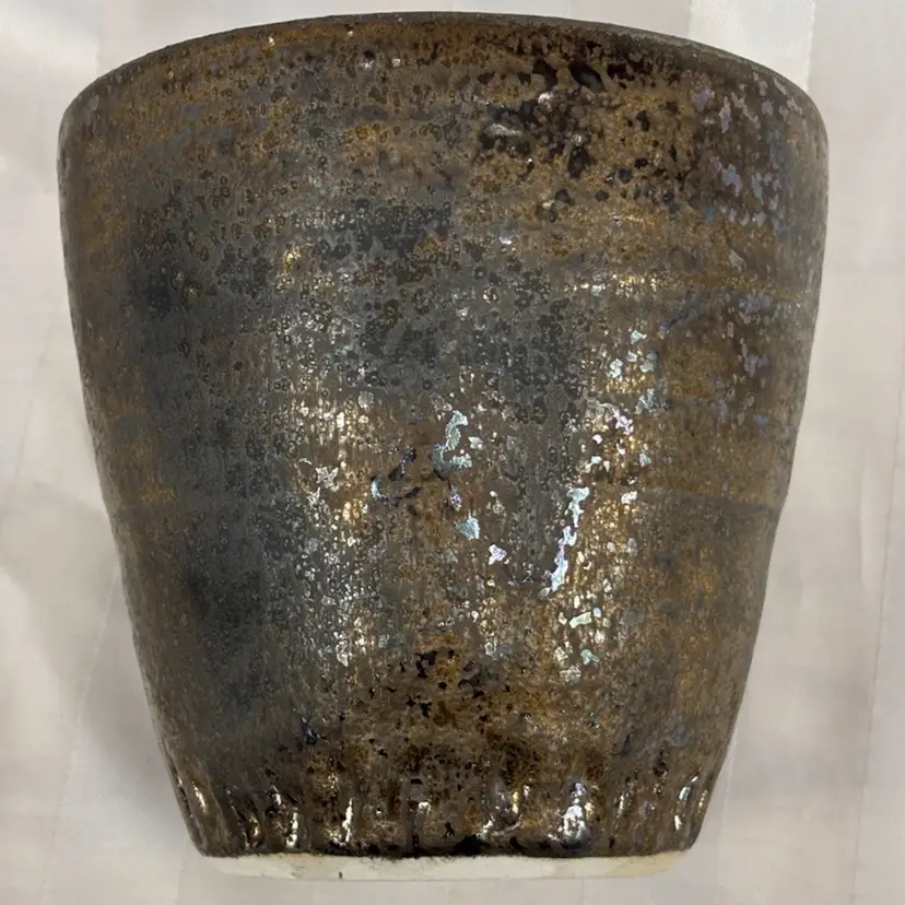 Raku Pottery Vase Signed Metallic Glaze 4” Tall Studio Art